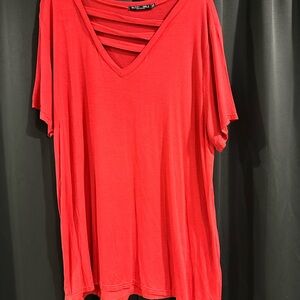 Women's Red V-Neck Top Criss Cross Cutout